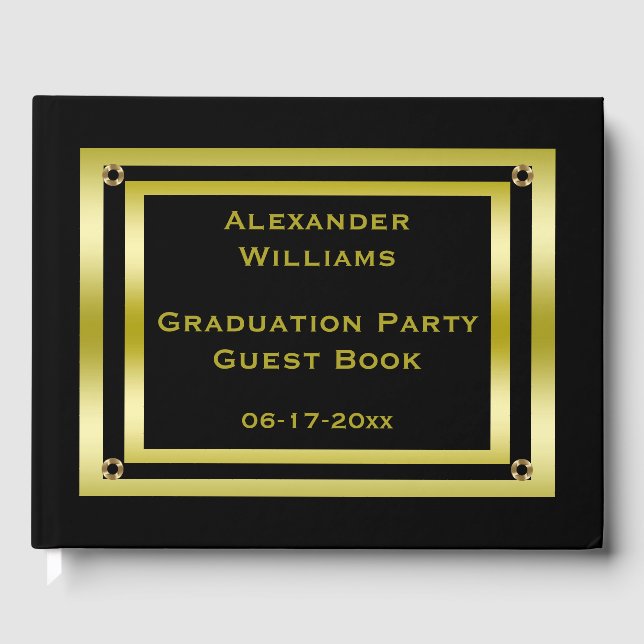 Elegant Black & Gold Framed Graduation Guest Book (Front)