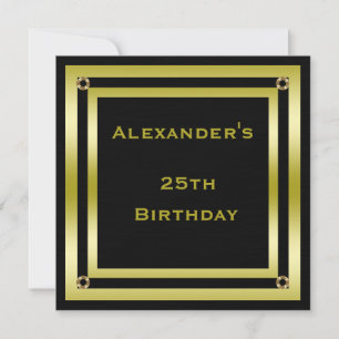 Elegant Black & Gold Framed Man's 25th Birthday Invitation