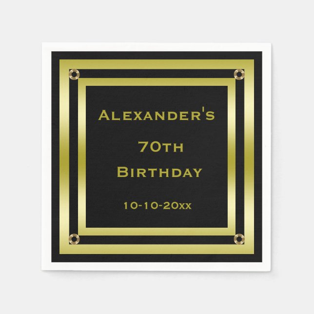 Elegant Black & Gold Framed Man's 70th Birthday Napkin (Front)