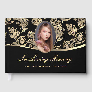 Elegant Black Gold Funeral Memorial Photo Guest Book