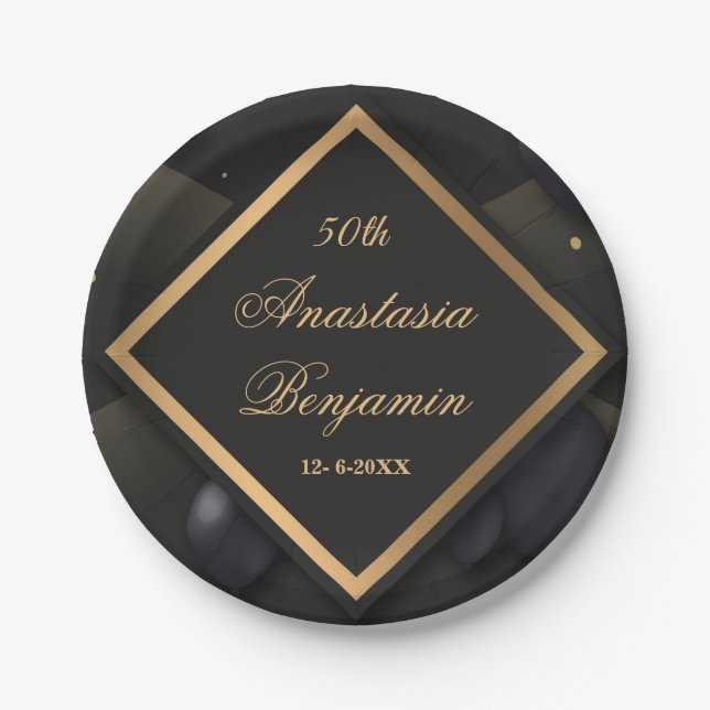 Elegant Black Gold Geometric 50th Birthday Party Paper Plate (Front)