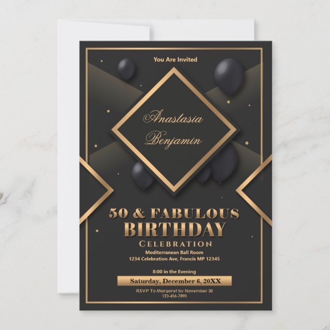 Elegant Black Gold Geometric Birthday Party Custom Invitation (Front)