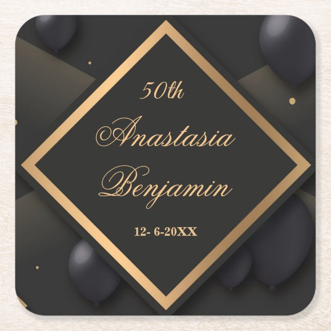 Elegant Black Gold Geometric Birthday Party Square Paper Coaster (Front)