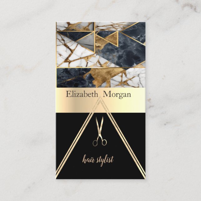  Elegant Black Gold Geometric Marble Scissors Business Card (Front)
