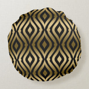 Elegant Black & Gold Geometric Pattern Round Cushion