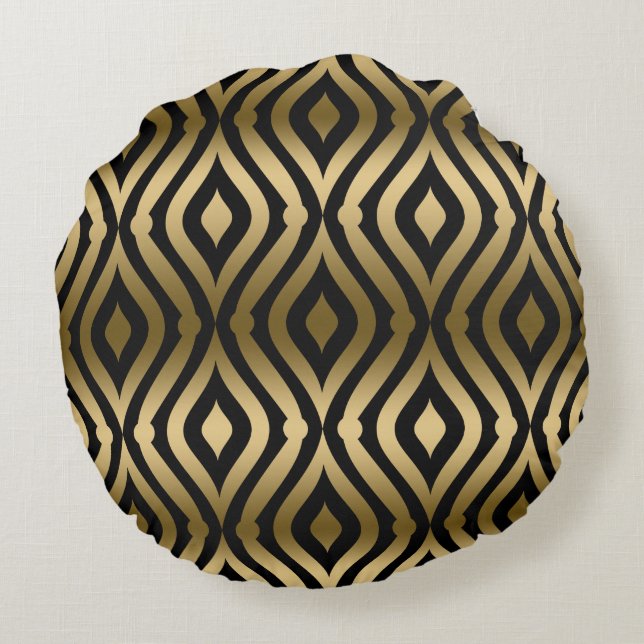 Elegant Black & Gold Geometric Pattern Round Cushion (Back)