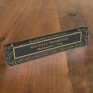 Elegant Black Gold Geometric Personalised Name  Nameplate