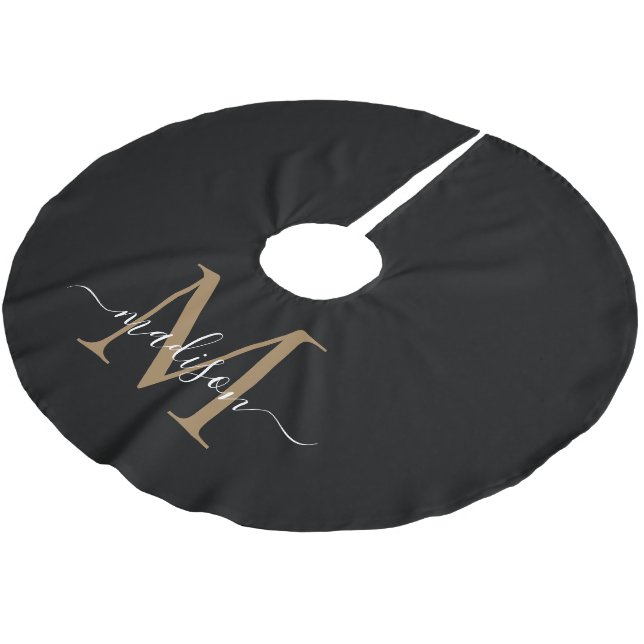 Elegant Black Gold Girly Monogram Elegant Script Brushed Polyester Tree Skirt (Angled)