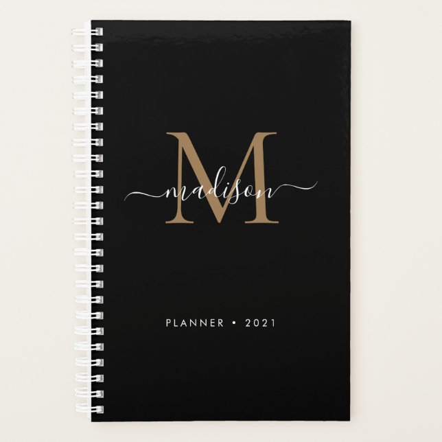 Elegant Black Gold Girly Monogram Script Name 2021 Planner (Front)