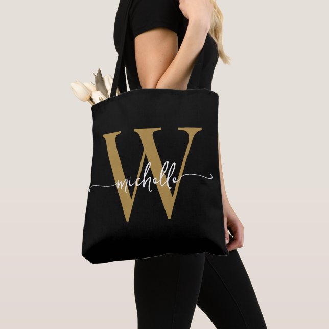 Elegant Black Gold Girly Personalised Monogrammed Tote Bag (Close Up)