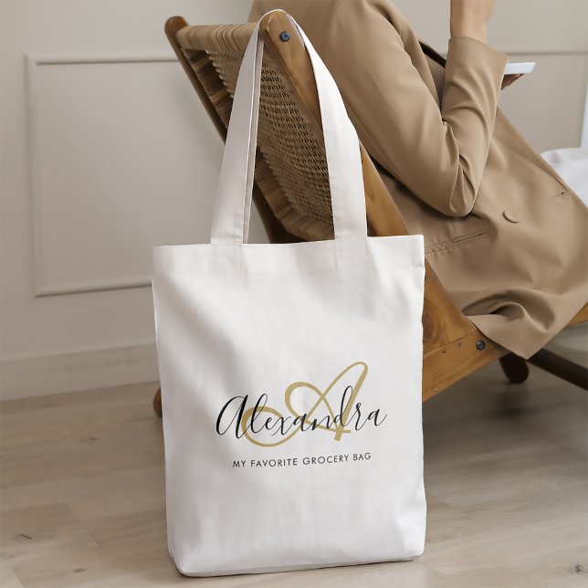 Elegant Black Gold Girly Script Name Monogram Tote Bag (Trendy Black Gold Monogram Initial Script Name Tote Bag)