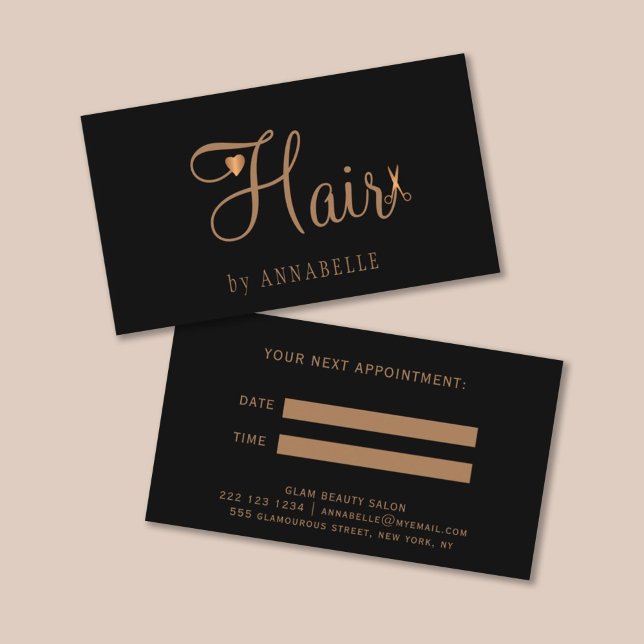 Elegant black gold glam hairstylist hair salon appointment card (Creator Uploaded)