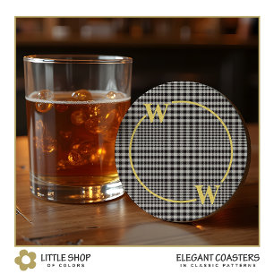 Elegant Black Gold Glen Plaid Monogram Round Paper Coaster