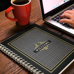 Elegant Black Gold Glen Plaid Monogrammed Notebook