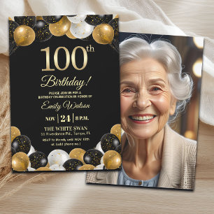 Elegant Black Gold Glitter 100th Birthday Photo Invitation
