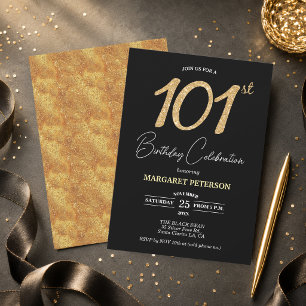 Elegant Black Gold Glitter 101st Birthday Party Invitation