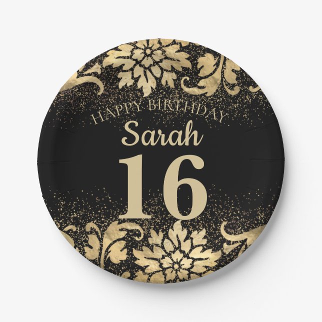 Elegant Black Gold Glitter 16th Birthday Paper Plate (Front)
