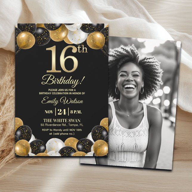 Elegant Black Gold Glitter 16th Birthday Photo Invitation (Creator Uploaded)
