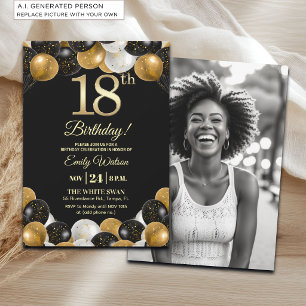 Elegant Black Gold Glitter 18th Birthday Photo Invitation