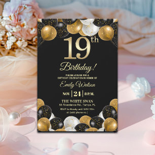 Elegant Black Gold Glitter 19th Birthday Party Invitation