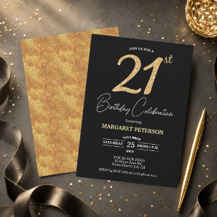 Elegant Black Gold Glitter 21st Birthday Party Invitation