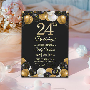 Elegant Black Gold Glitter 24th Birthday Party Invitation