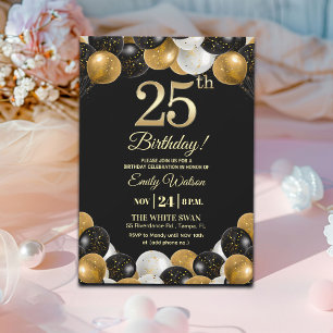 Elegant Black Gold Glitter 25th Birthday Party Invitation