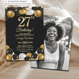 Elegant Black Gold Glitter 27th Birthday Photo Invitation
