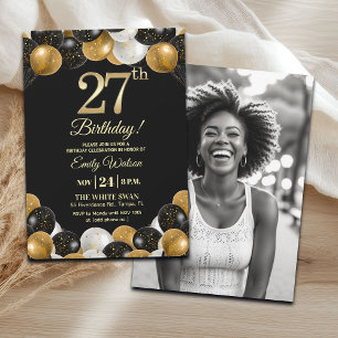 Elegant Black Gold Glitter 27th Birthday Photo Invitation