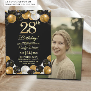 Elegant Black Gold Glitter 28th Birthday Photo Invitation