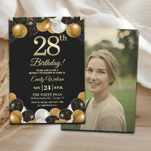 Elegant Black Gold Glitter 28th Birthday Photo Invitation