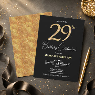 Elegant Black Gold Glitter 29th Birthday Party Invitation