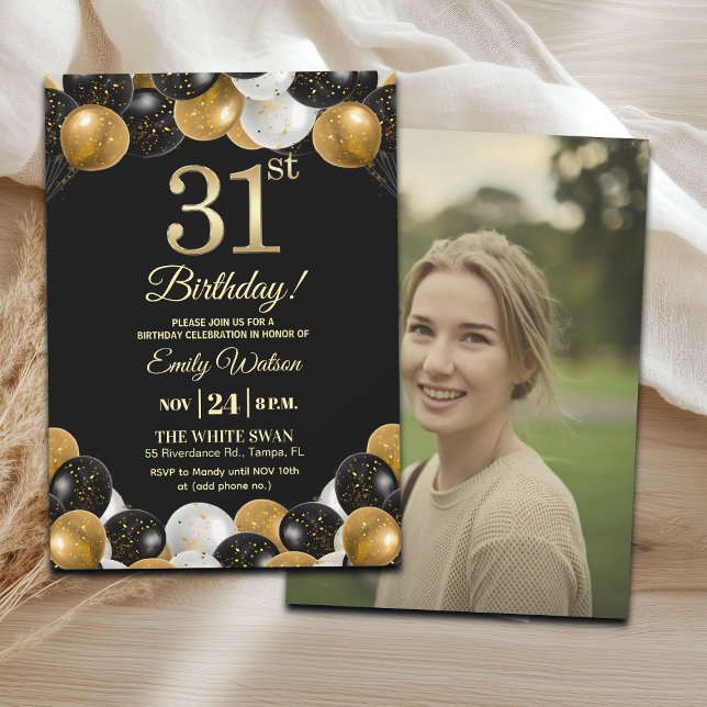 Elegant Black Gold Glitter 31st Birthday Photo Invitation (Creator Uploaded)