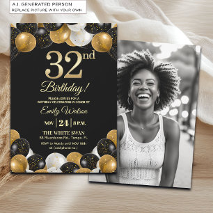 Elegant Black Gold Glitter 32nd Birthday Photo Invitation