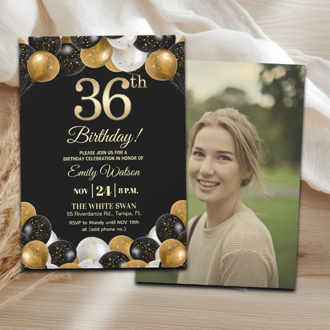 Elegant Black Gold Glitter 36th Birthday Photo Invitation (Creator Uploaded)