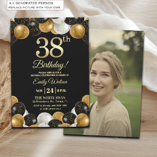 Elegant Black Gold Glitter 38th Birthday Photo Invitation