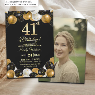 Elegant Black Gold Glitter 41st Birthday Photo Invitation