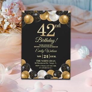 Elegant Black Gold Glitter 42nd Birthday Party Invitation