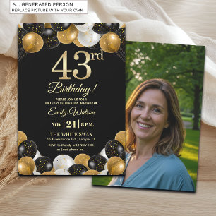 Elegant Black Gold Glitter 43rd Birthday Photo Invitation