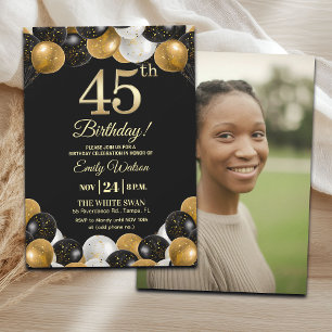 Elegant Black Gold Glitter 45th Birthday Photo Invitation