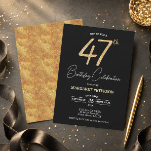 Elegant Black Gold Glitter 47th Birthday Party Invitation