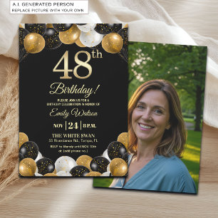 Elegant Black Gold Glitter 48th Birthday Photo Invitation