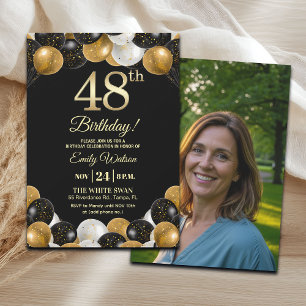 Elegant Black Gold Glitter 48th Birthday Photo Invitation
