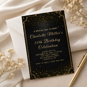 Elegant Black Gold Glitter 50th Birthday Party Invitation