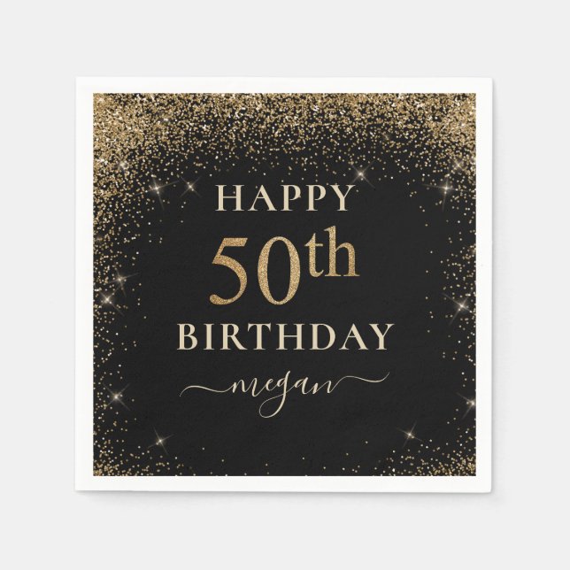 Elegant Black Gold Glitter 50th Birthday Party  Napkin (Front)