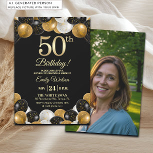 Elegant Black Gold Glitter 50th Birthday Photo Invitation