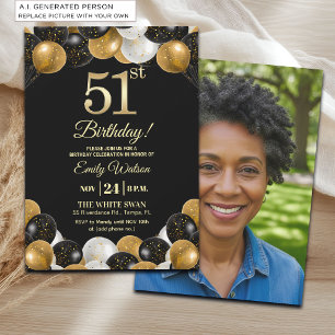 Elegant Black Gold Glitter 51st Birthday Photo Invitation