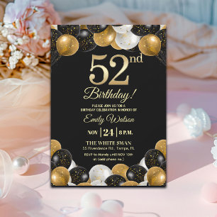 Elegant Black Gold Glitter 52nd Birthday Party Invitation