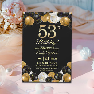 Elegant Black Gold Glitter 53rd Birthday Party Invitation