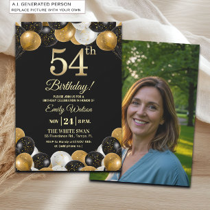 Elegant Black Gold Glitter 54th Birthday Photo Invitation